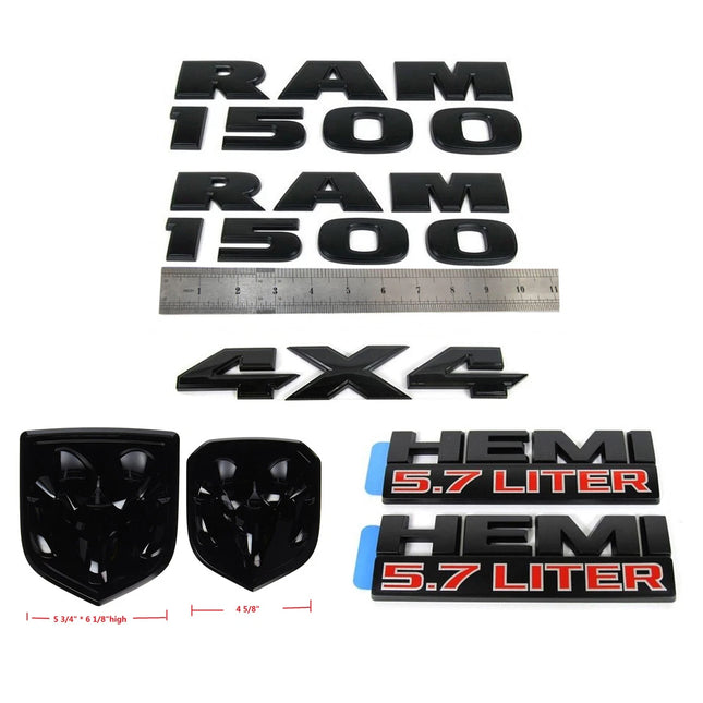 Emblem Set for RAM 1500 4X4 5.7 Liter HEMI Grille Tailgate Badges Black (Ram Head / Skull-themed)