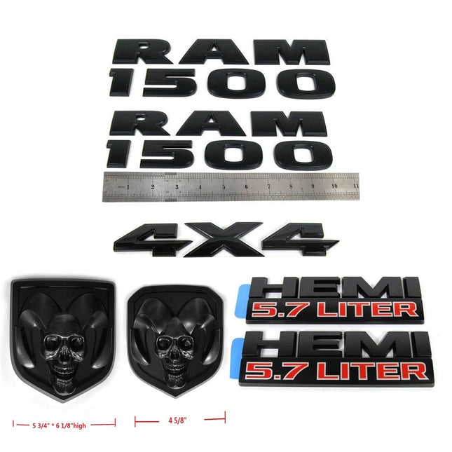 Emblem Set for RAM 1500 4X4 5.7 Liter HEMI Grille Tailgate Badges Black (Ram Head / Skull-themed)