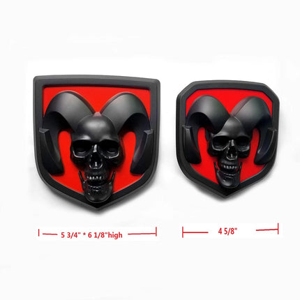 2Pack Skull Emblems for Ram 1500 2500 3500 Front Grille Tailgate Badge (Black/Red/Chrome)