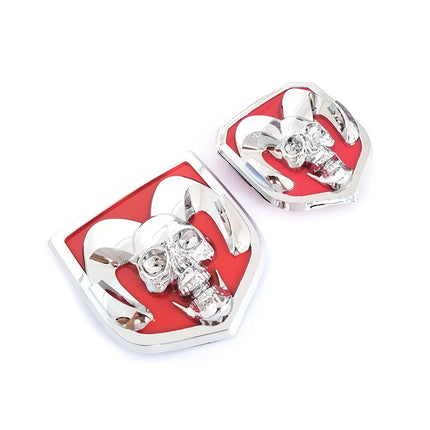 2Pack Skull Emblems for Ram 1500 2500 3500 Front Grille Tailgate Badge (Black/Red/Chrome)