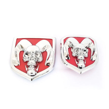 2Pack Skull Emblems for Ram 1500 2500 3500 Front Grille Tailgate Badge (Black/Red/Chrome)