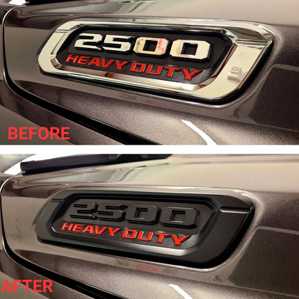 2Pack Emblems for RAM 2500 Heavy Duty Hood Badges (Black/Red/Chrome)
