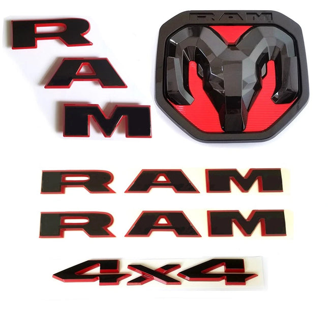 Emblem Set for 2019+ RAM 1500 4x4 Grille Tailgate 3D Badge Replacement (Black/Red) 5-Pack